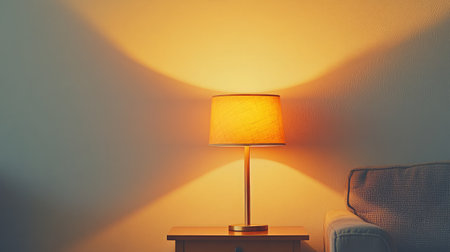 A warm lamp emits a gentle glow in a cozy living room, creating a serene atmosphere. Perfect for design, relaxation, and home decor themes.の素材