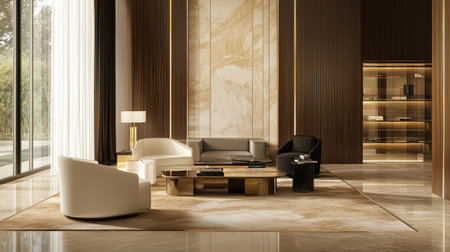 A captivating modern living room interior featuring sleek furniture, warm tones, and elegant decor. Natural light highlights the luxurious atmosphere and minimalist design.の素材