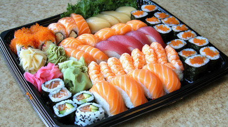 A vibrant sushi platter featuring a variety of sushi and sashimi, including salmon, tuna, and colorful rolls, perfect for any seafood lover's meal.の素材