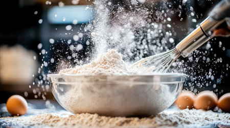 A dynamic kitchen scene featuring flour splattering as a whisk combines ingredients with eggs, capturing the essence of cooking and baking in action.の素材