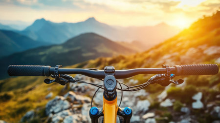 Experience a breathtaking view from bicycle handlebars as the sun sets over majestic mountains. Perfect for adventure and nature enthusiasts.の素材