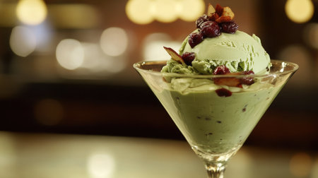 Experience the delightful presentation of green ice cream topped with nuts and berries. This elegant dessert is perfect for gourmet occasions.の素材