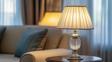 A beautifully crafted table lamp provides warm lighting in a cozy living room. The elegant design enhances the space, creating a relaxing atmosphere.の素材