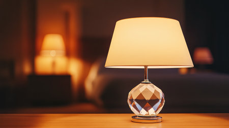 A beautifully crafted table lamp featuring a soft warm glow, perfect for enhancing the ambiance of any room. Ideal for bedrooms or cozy settings.の素材