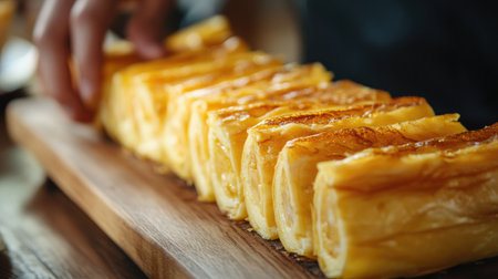 A beautifully arranged sweet roll dessert on a rustic wooden board, showcasing a golden brown color and appealing layers, perfect for any occasion.の素材