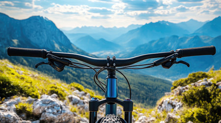 A captivating view from the handlebars of a mountain bike overlooking a breathtaking valley filled with lush greenery and dramatic mountains in the distance.の素材
