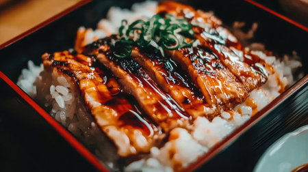 Savor the rich flavors of sushi topped with grilled eel, served over fluffy rice. This appetizing dish is perfect for any food lover craving gourmet experiences.の素材
