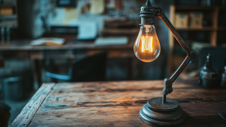 A vintage desk lamp casts a warm glow in a cozy, rustic setting, enhancing the atmosphere of a creative workspace with its inviting charm.の素材