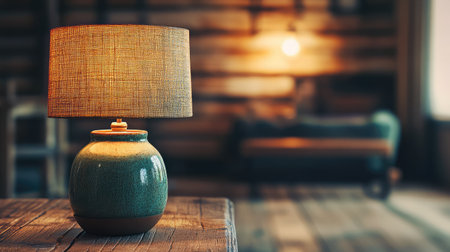 A cozy lamp with a textured shade illuminates a wooden table in a rustic interior, creating a warm and inviting atmosphere perfect for relaxation and comfort.の素材