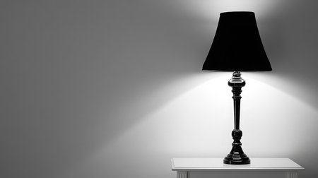 A stylish black lamp placed on a white table, casting a soft glow in a minimalist setting. Perfect for enhancing interior decor and ambiance.の素材