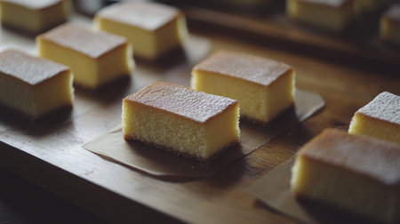 A close-up view of soft, yellow cake slices arranged neatly on a wooden table. Perfect for showcasing bakery treats or dessert recipes.の素材