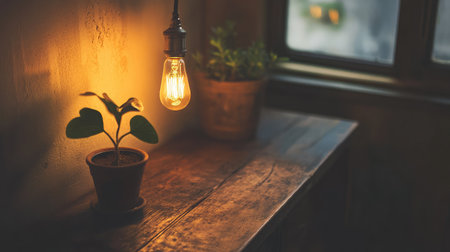 A serene indoor setting featuring a warm light bulb above a vibrant plant on a rustic wooden table, creating a cozy and inviting atmosphere.の素材