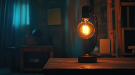A vintage table lamp casts a warm glow in a cozy indoor environment, highlighting its design and creating a soft ambiance perfect for relaxation or inspiration.の素材
