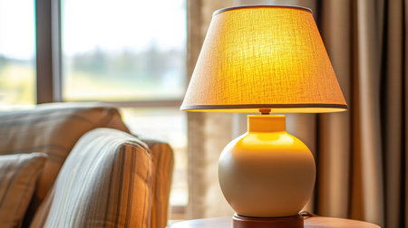 A cozy table lamp casting a warm glow, perfect for enhancing the ambiance of a modern living room. Ideal for creating a welcoming atmosphere.の素材