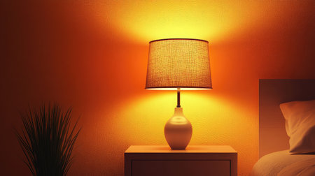 A serene table lamp emits a warm orange glow, creating a cozy atmosphere. Perfect for enhancing interior spaces with soft illumination and charm.の素材