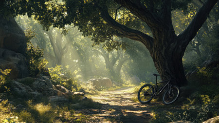 A serene forest path bathed in sunlight with an abandoned bicycle. The tranquil scene invites exploration and embraces the beauty of nature.の素材