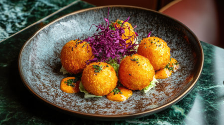 An elegant dish featuring crispy golden fried balls garnished with vibrant purple cabbage and a rich sauce, perfect for gourmet dining.の素材
