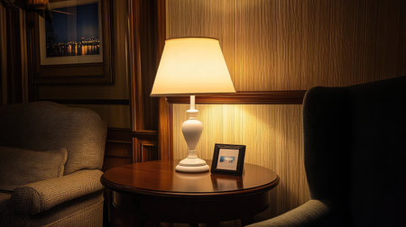A warm and inviting living room scene featuring a table lamp casting soft light, a cozy chair, and a small photo frame. Ideal for evoking comfort.の素材