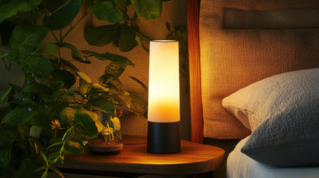 A minimalistic table lamp emits a warm glow in a cozy bedroom setting, surrounded by lush greenery. The perfect blend of style and tranquility.の素材