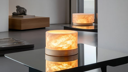 Two stylish salt lamps add a warm glow to a modern living space, creating a cozy and inviting atmosphere with their unique natural beauty.の素材