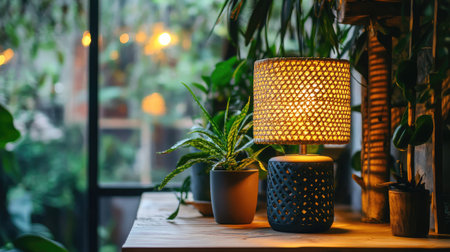 A cozy scene featuring a stylish lamp illuminating a wooden surface adorned with green plants, creating a warm and inviting atmosphere in the home.の素材