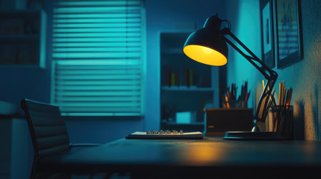 A cozy workspace featuring a desk lamp casting warm light in the evening. The scene evokes tranquility and inspiration, perfect for creative tasks.の素材