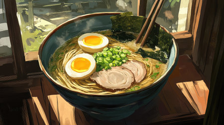 A beautifully crafted ramen bowl featuring soft noodles, topped with eggs, green onions, and seaweed. Perfect for food enthusiasts and culinary inspiration.の素材