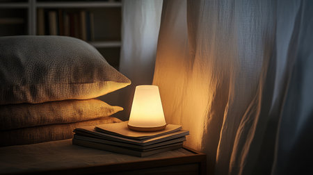 This cozy bedroom scene features soft lighting from a lamp, warm pillows, and a serene atmosphere, perfect for relaxation and comfort in home decor.の素材