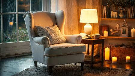 A cozy armchair with a soft cushion sits beside a wooden table and a warm lamp, creating a serene and inviting atmosphere perfect for relaxation.の素材