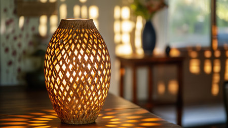 A beautifully crafted woven lamp emits a warm glow, creating charming shadows that enhance the cozy atmosphere of an inviting indoor space.の素材
