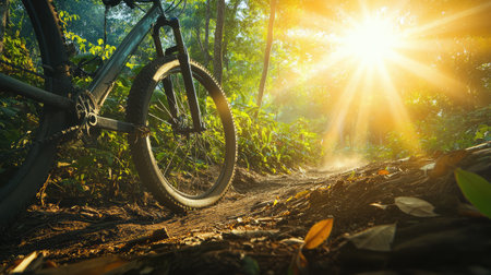 A bicycle rests on a dusty trail surrounded by lush greenery, illuminated by golden sunlight. Perfect for outdoor adventure and exploration themes.の素材