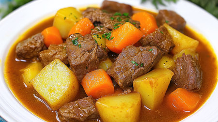 A delicious bowl of hearty beef stew filled with tender meat and colorful vegetables. Perfect comfort food for family gatherings or cozy dinners.の素材