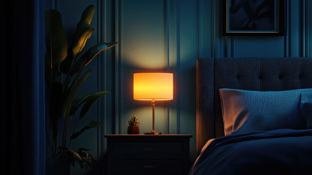 A serene nighttime scene featuring a bedside lamp casting warm light, a plant beside the bed, and elegant decor elements creating a relaxing atmosphere.の素材