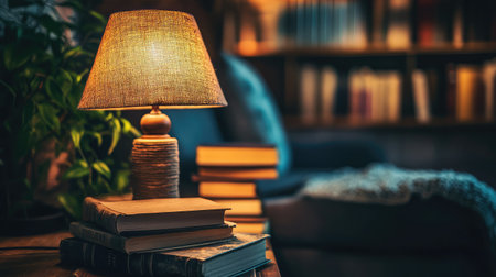 A cozy indoor scene featuring a warm lamp illuminating a stack of books, creating a peaceful and inviting atmosphere perfect for evening reading and relaxation.の素材