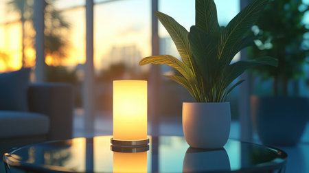 A cozy interior scene featuring a glowing lamp and a potted plant, illuminated by the warm light of sunset through large windows, creating a serene atmosphere.の素材