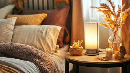 A cozy bedroom scene featuring soft lighting, natural decorations, and warm tones. Ideal for illustrating a tranquil and inviting home atmosphere.の素材
