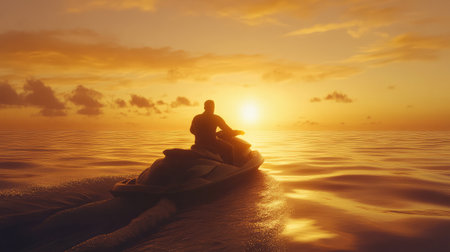 Capture the essence of adventure with this serene sunset scene of a person riding a jet ski across calm ocean water, evoking feelings of freedom and exploration.の素材