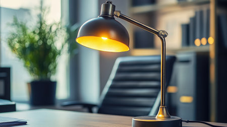 A sleek modern desk lamp emits warm light in a stylish office environment. The scene is complemented by a potted plant, creating a cozy workspace.の素材