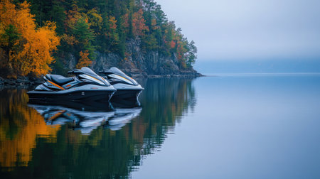 Two jet skis rest quietly on a calm lake, surrounded by autumn foliage and misty water, capturing the beauty of nature and tranquility in a scenic landscape.の素材