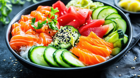 A vibrant sushi bowl featuring fresh salmon, cucumber, avocado, and other seafood delights. Perfect for healthy dining and food photography.の素材