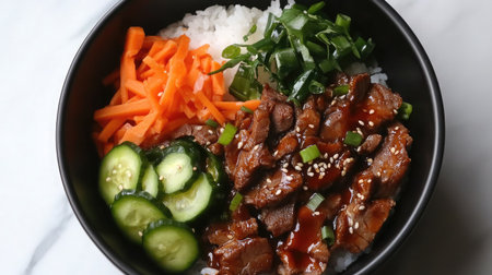 A vibrant bowl featuring tender beef, steamed rice, and fresh vegetables, including carrots and cucumbers, drizzled with a savory sauce and sesame seeds.の素材