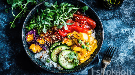 A colorful bowl filled with fresh vegetables and rice, garnished with sesame seeds. Perfect for a healthy meal or aesthetic food photography.の素材