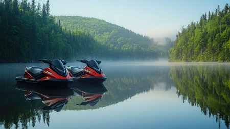A serene morning scene featuring two jet skis on a tranquil lake, surrounded by lush green forest and soft morning fog. Perfect for adventure lovers!の素材