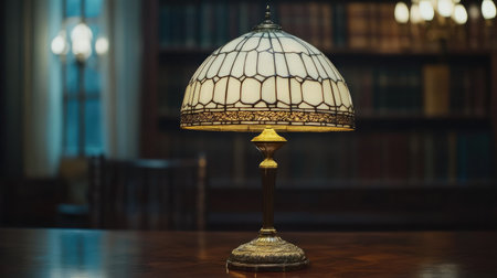 A beautifully crafted vintage table lamp with a stained glass shade adds a warm glow to a cozy library setting, perfect for reading or studying.の素材