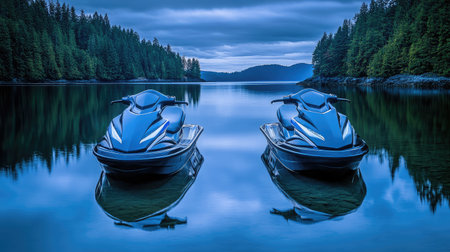 Two sleek jet skis rest on calm waters at dusk, surrounded by lush greenery. The tranquil setting reflects a serene atmosphere perfect for adventure.の素材