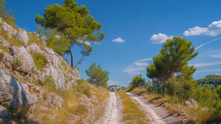 A beautiful dirt path winds through a tranquil landscape, flanked by trees and rocky terrain under a bright blue sky, perfect for outdoor adventures.の素材