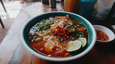 A bowl of delicious noodle soup topped with fresh herbs, lime, and chili. Perfect for a comforting meal, showcasing vibrant flavors and ingredients.の素材