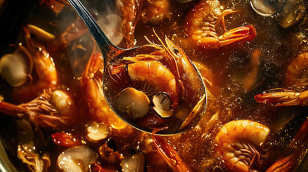 A close-up view of fresh shrimp simmering in a spicy seafood broth, showcasing vibrant colors and inviting textures. Ideal for food-related content.の素材