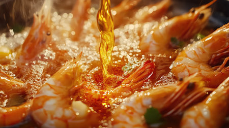 A close-up of shrimp being cooked in hot oil, with golden liquid being poured in. This vibrant image captures the culinary process and delicious results.の素材