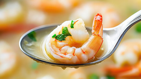 A close-up of a succulent shrimp resting on a spoon, garnished with fresh herbs in a flavorful broth, perfect for culinary presentations.の素材